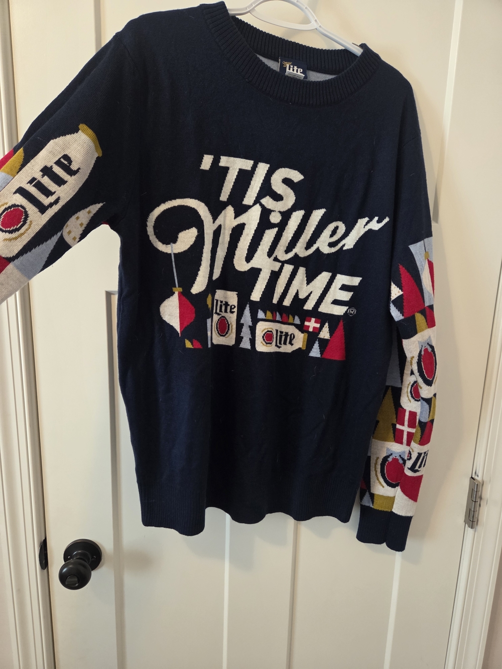 Ugly Christmas Sweater- Miller Lite 'Tis Miller Time Navy Sweater